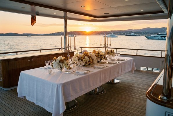 Dinner table set on deck at sunset