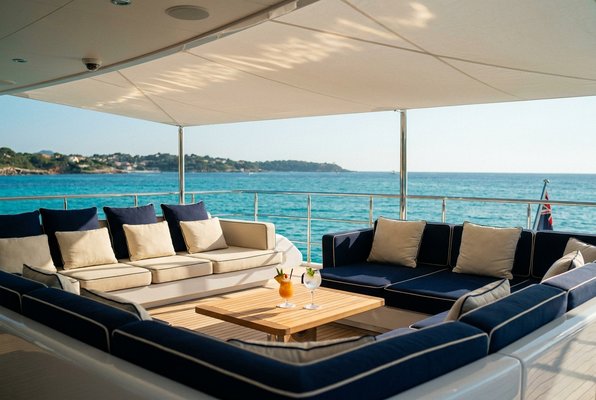 Shaded deck lounge with cushions and cocktails