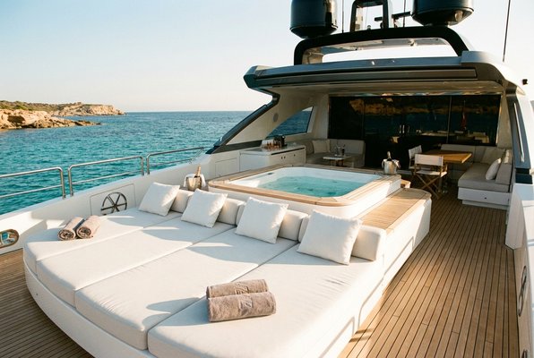 Sun pads and jacuzzi on deck with turquoise sea behind