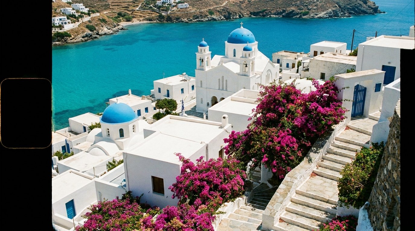 White-and-blue Cyclades village above a turquoise bay