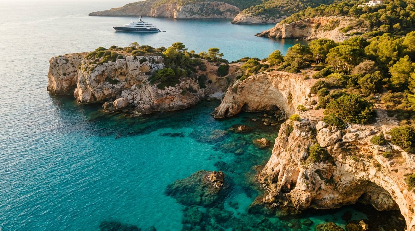 Rocky Ibiza coves and turquoise water at golden hour