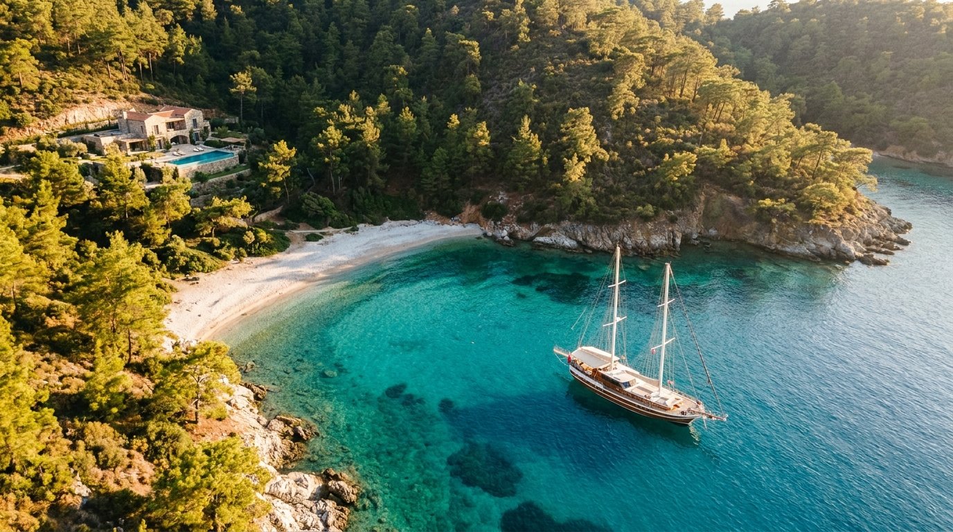 Turquoise Aegean bay near Bodrum with pine-covered hills