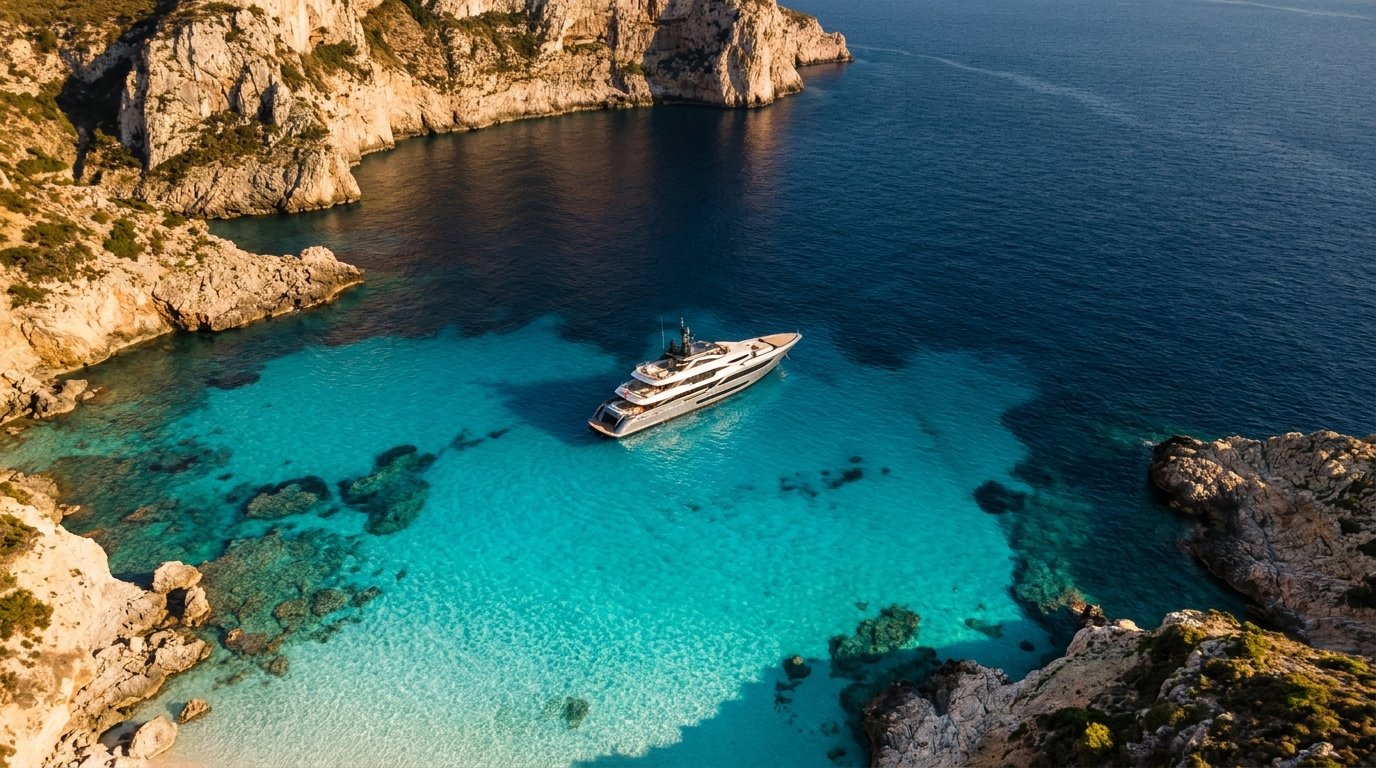 A sleek superyacht anchored in a luminous turquoise Mediterranean bay at golden hour