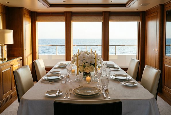 Formal dining table set for six with crystal and flowers