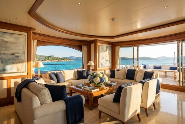 Main salon with cream sofas and sea view