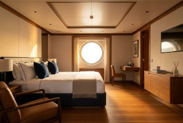 Master stateroom with king bed and porthole light