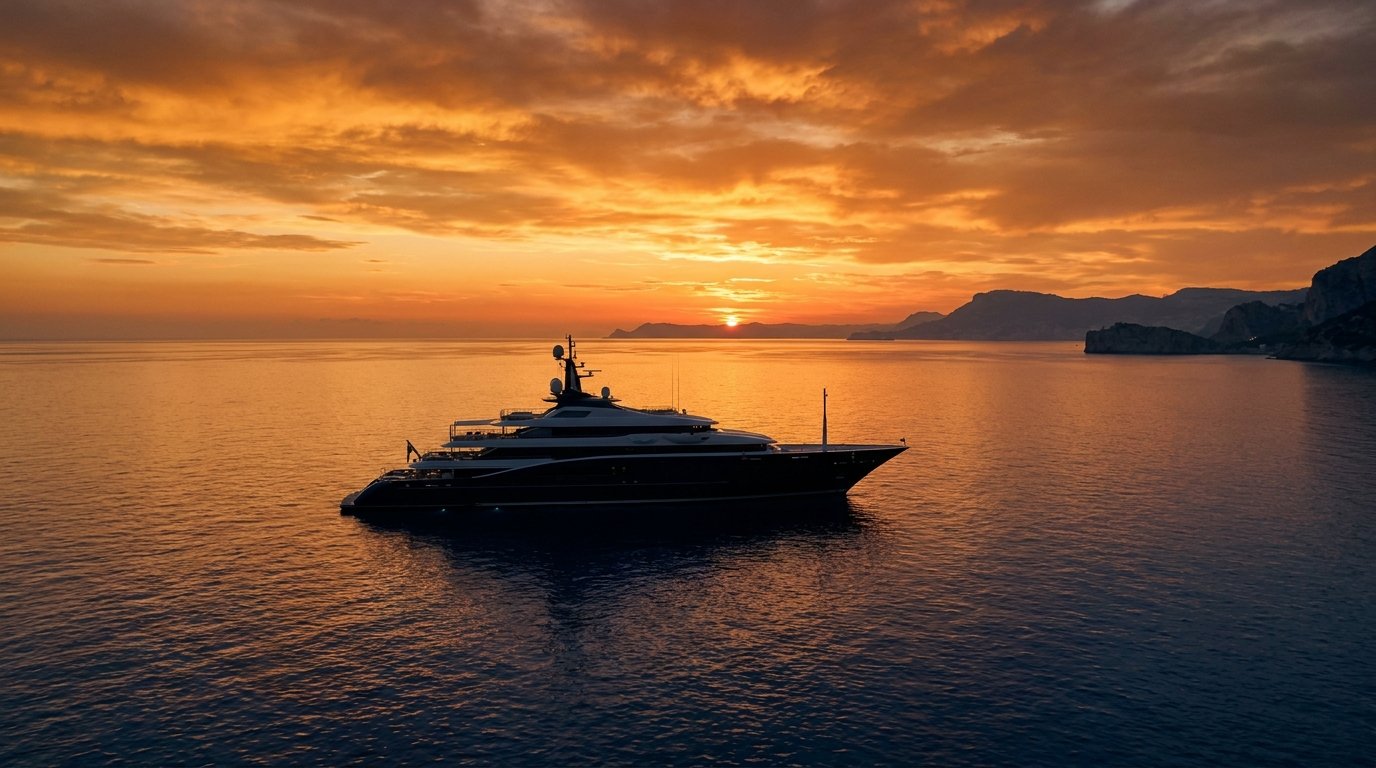 Superyacht silhouette at golden sunset