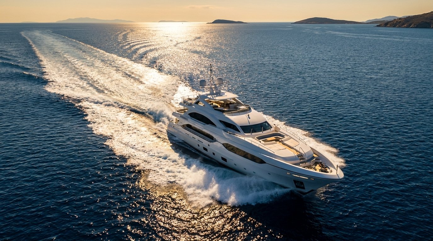 Aerial view of superyacht underway with a white wake